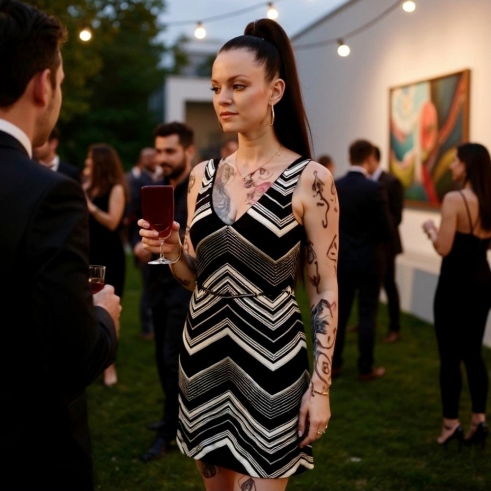 Jodi Kristopher ✦ Mini Dress ✦ Black White Retro Zigzag Plunge Side Slit Fitted - Picture 7 of 8